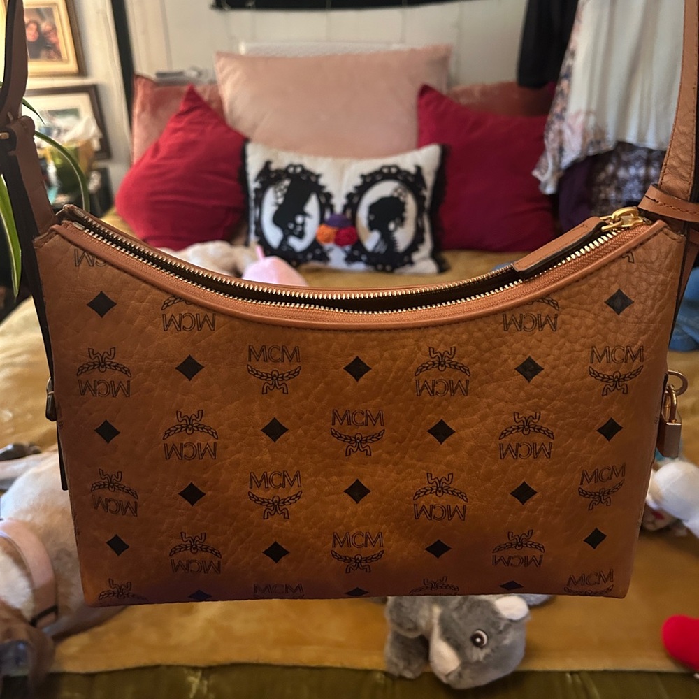 MCM Tan Shoulder Bag with Signature Monogram